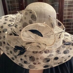 Creme and Black Polka Dot Wide Brim Elegant Hat